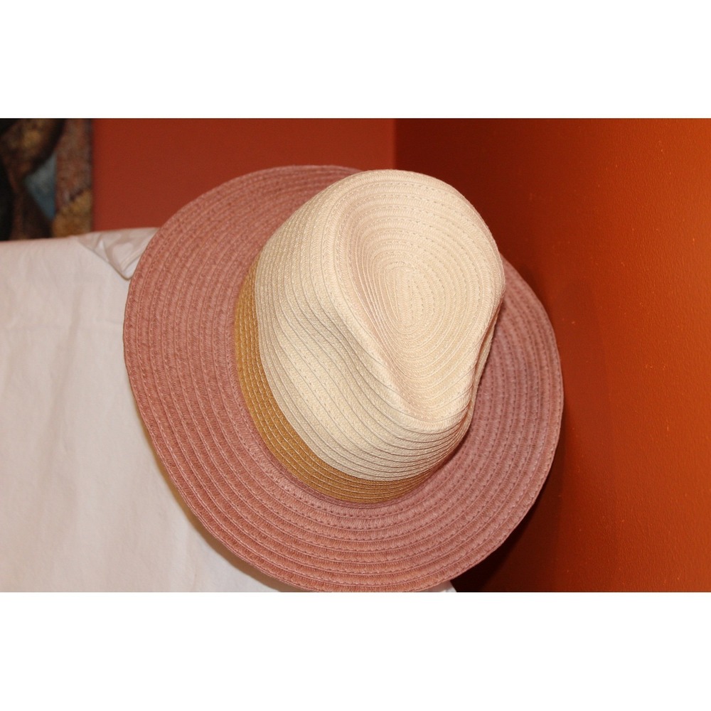 Woven‎ Paper Straw Fedora Sun Hat Tri-Color Block Pink Tan Cream One Size